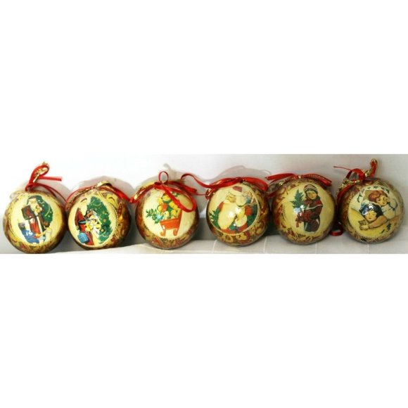 VTG Style Red Gold Christmas Scene Ornaments Set 6 Santa Claus Sledding Sleeping - Picture 1 of 11